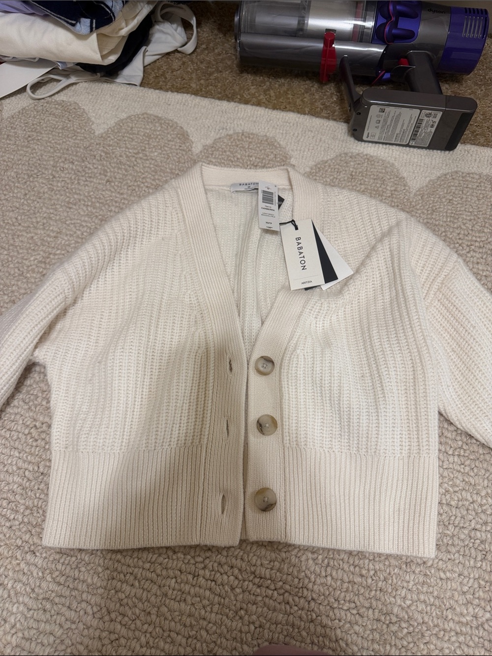 Aritzia Babaton Cream Ribbed V-Neck Button Cardigan